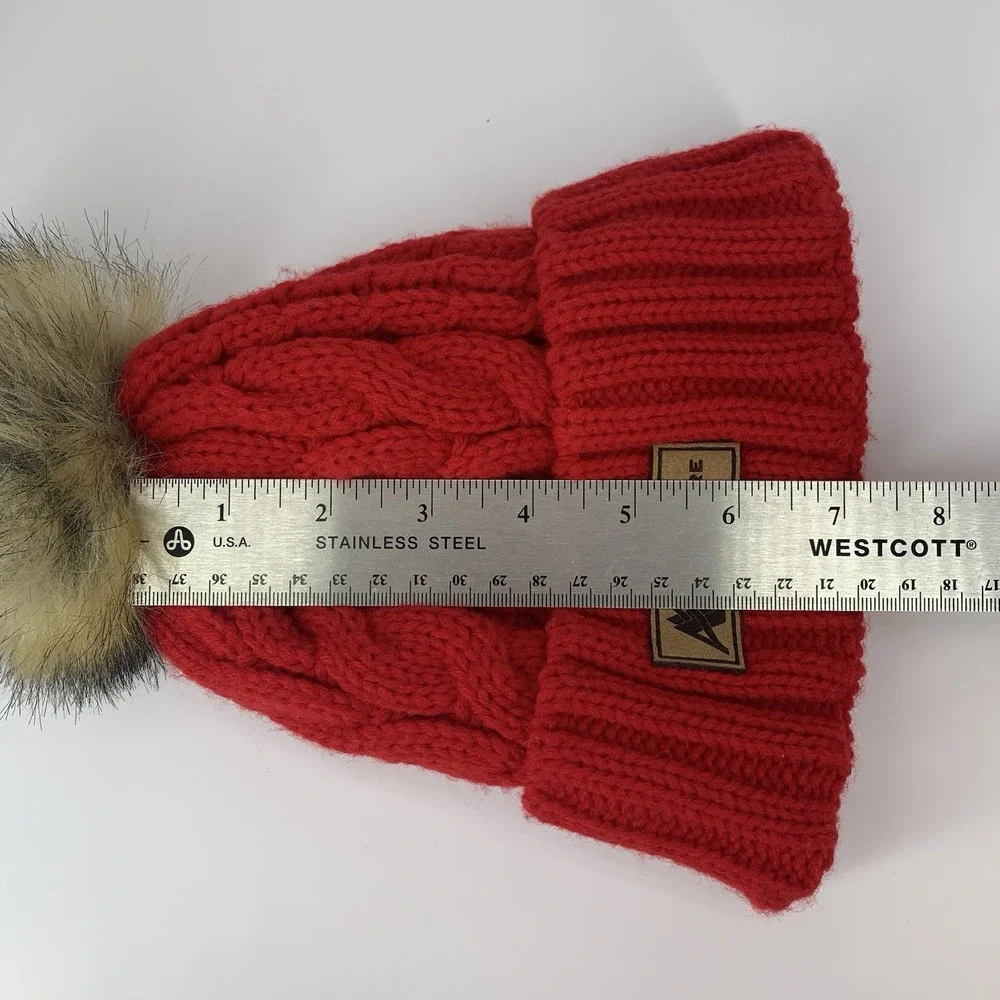 Angel Fire Resort Beanie YOUTH Locale Outdoors Faux Fur Pom Red Knit Hat Cap